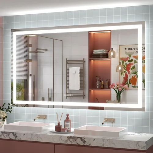 Vista 35 de Espejo de baño LED iluminado de 30 x 30 pulgadas para pared, espejo cuadrado de tocador con luces, regulable, antivaho, a prueba de roturas