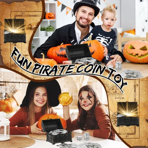 Vista 5 de Hanaive 100 piezas de monedas piratas de plástico, monedas falsas de juego, réplicas de doblones españoles para cofre del tesoro de fiesta pirata