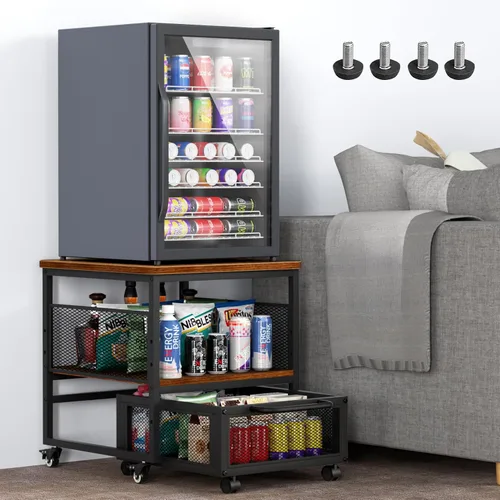 Vista 11 de Mini soporte para refrigerador de 21 x 21 pulgadas con almacenamiento, mini mesa de refrigerador resistente con 4 ruedas bloqueables para cafetería