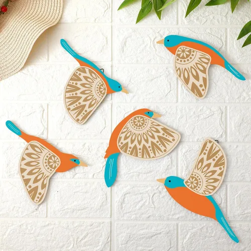 Vista 9 de Barydat 5 piezas de arte de pared de madera con pájaros voladores, decoración de pared de pájaros voladores, arte popular rústico, decoración