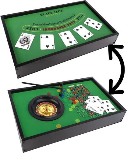 Matty's Toy Stop Deluxe 2 en 1 Juegos de Casino con Blackjack y Ruleta Madera 20" Mesa Set con Fieltro