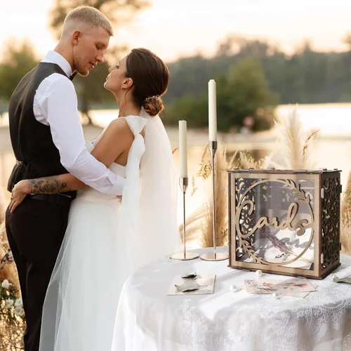 Vista 5 de Caja de madera para tarjetas de boda para recepción, soporte rústico para tarjetas de regalo con ranura y ventana acrílica, caja de tarjeta