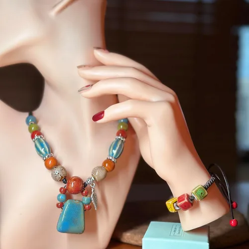Vista 3 de Boho étnico multicolor declaración colgante collar bohemio moda joyería regalo para mujeres niñas con bolsa