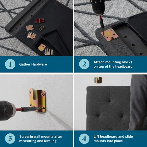 Vista 5 de Lucid - Cabecera tapizada de altura media, capitoné de líneas verticales, para fijar al marco de cama o montar en pared, cabecera solamente