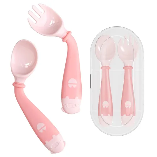 Vista 9 de Deejoy Utensilios para niños pequeños, juego de cubiertos para autoalimentación con estuche de viaje, cucharas y tenedores para bebés con mango