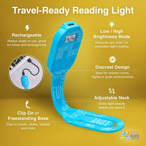 Vista 5 de Gifts for Readers & Writers Luz de libro recargable, luz de lectura con clip para cama, Flexilight 2 en 1 y marcapáginas, 12 horas de luz una vez