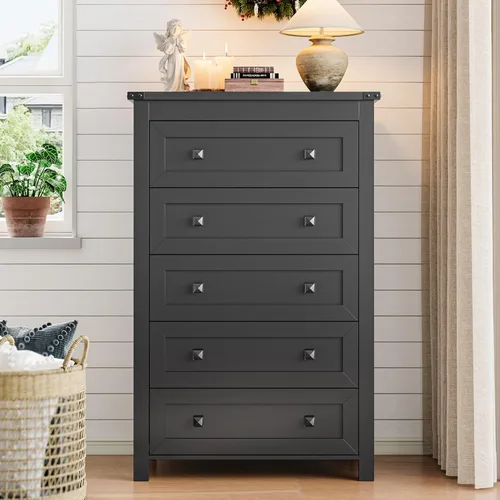 Vista 3 de Xixini - Cómoda para dormitorio con 5 cajones, cómoda alta de madera, organizador moderno de ropa estilo granja, gabinete de almacenamiento con asas