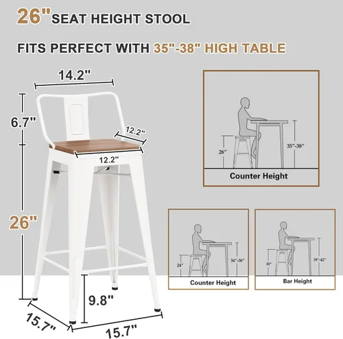 Vista 3 de Juego de 4 taburetes de bar giratorios de 26 pulgadas con respaldo, altura de mostrador, taburetes de bar industriales de metal para el hogar