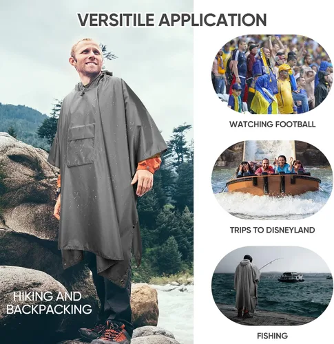 Vista 5 de PTEROMY Poncho de lluvia con capucha para adultos con bolsillo impermeable ligero unisex para senderismo camping emergencias