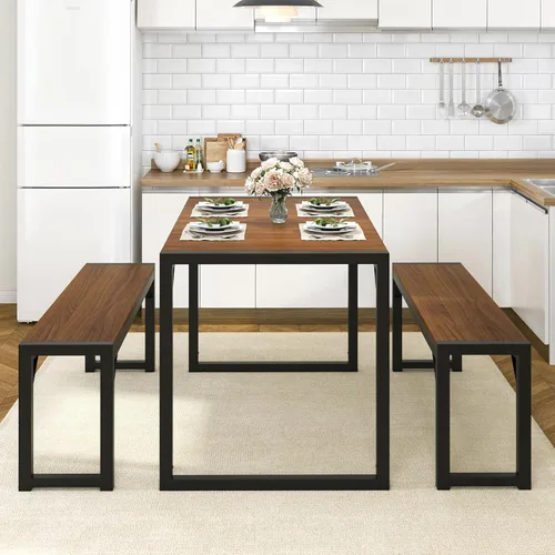 Vista 23 de Allewie Juego de mesa de comedor de 3 piezas con bancos, comedor de metal resistente que ahorra espacio para cocina, sala de estar, estudio, patas