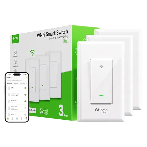 Vista 9 de GHome Smart Interruptor, interruptor Wi-Fi de luz de 3 vías compatible con Alexa y Google Home, temporizador de programación de 2.4 GHz, requiere