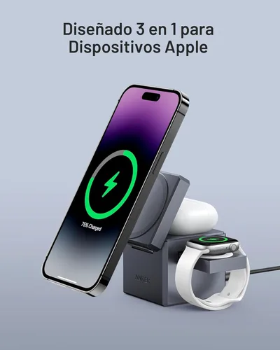 Vista 3 de Anker Soporte de cargador MagSafe, cargador inalámbrico para iPhone 16, cubo 3 en 1 con MagSafe, soporte plegable de carga rápida de 15 W
