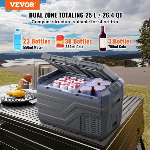 Vista 2 de VEVOR NLS35, refrigerador para el coche de 12 voltios, congelador portátil de 25 litros (26.4 cuartos de galón) de doble zona, rango ajustable