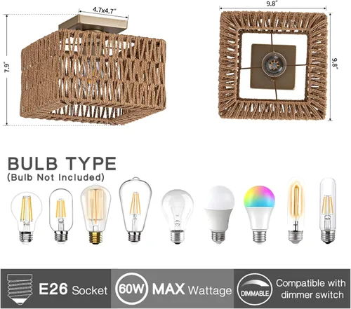 Vista 3 de Rpzloila Lámpara de techo de ratán, lámpara bohemia dorada, lámpara de techo cuadrada de montaje empotrado para dormitorio, pasillo, entrada