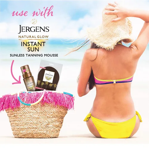 Vista 2 de Jergens Natural Glow Instant Sun Body Mousse, bronceado de bronce profundo, autobronceador sin sol de 6 onzas con guante aplicador corporal