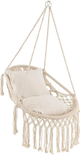 HAPPYGRILL Silla hamaca colgante con cojines de asiento suaves, columpio de macramé para interiores y exteriores, cuerda y cadena resistentes, silla