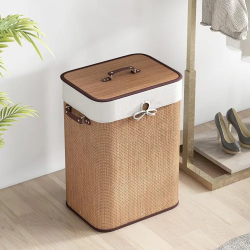 Vista 9 de GOFLAME Cesta portátil de bambú para ropa sucia, cesta de almacenamiento de ropa sucia con tapa y forro extraíble, gran contenedor de ropa con asas