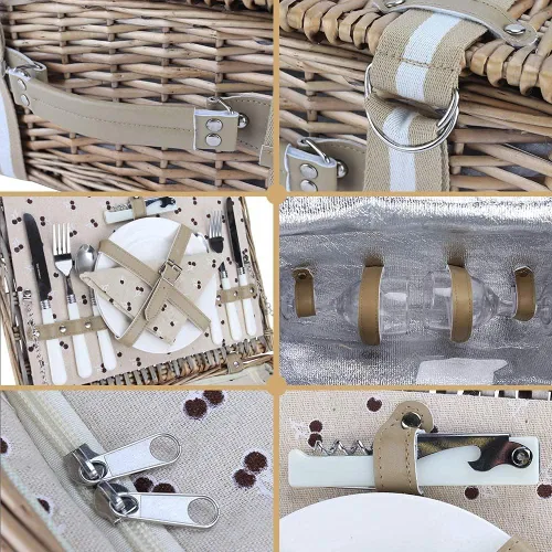 Vista 5 de Willow - Juego de cestas de picnic para 2 personas con bolsa térmica grande aislada y manta de picnic impermeable, cesta de picnic de mimbre