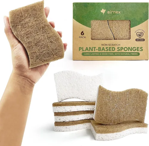 AIRNEX - Esponja de cocina natural biodegradable - Esponja compostable de celulosa y fibra de coco (paquete de 6)