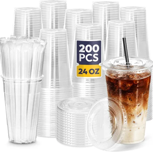 Vista 10 de Fit Meal Prep Paquete de 100 Vasos de Plástico para Café Helado de 9 oz con Tapas Planas y Pajitas Negras, Vaso Transparente Desechable, Vaso Libre