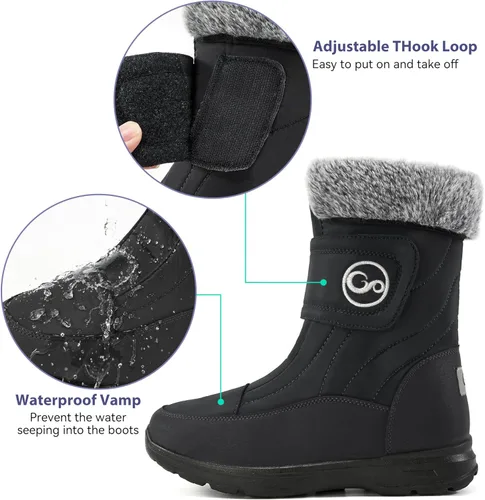 Vista 5 de Botas de nieve para mujer, zapatos de invierno con forro de piel cálida para mujer, botas de media pantorrilla, antideslizantes, impermeables