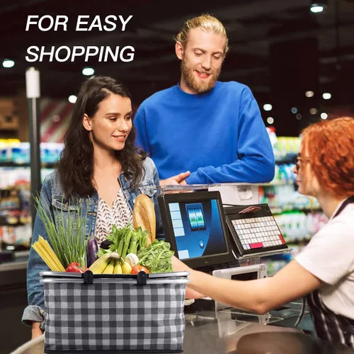 Vista 5 de Cesta de picnic aislada, bolsa enfriadora plegable, cesta de comestibles de 32 litros con tapa, 2 asas resistentes, cesta de almacenamiento