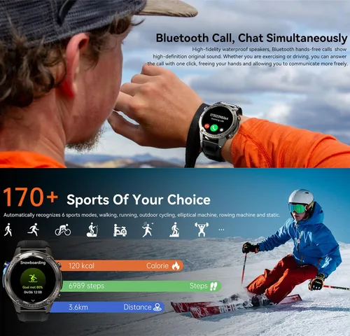 Vista 5 de Reloj inteligente con pantalla AMOLED de 1.43 pulgadas, resistente al agua, brújula, altitud, rastreador de actividad física de larga espera Negro