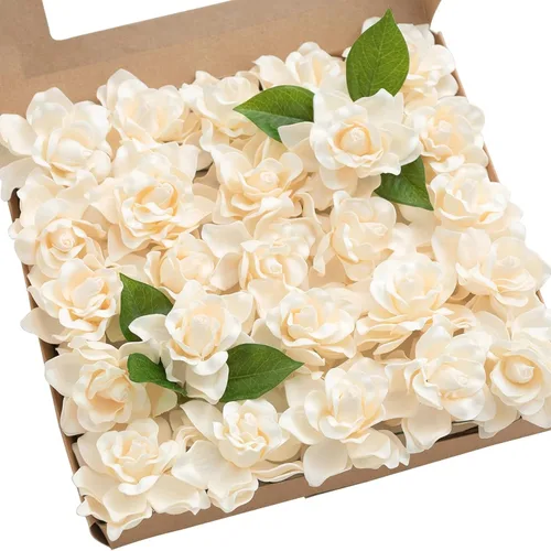 Vista 10 de Ling's moment Flores artificiales azules de Gardenia falsas con tallo, flores falsas para decoración de boda, centros de mesa, ramos de flores