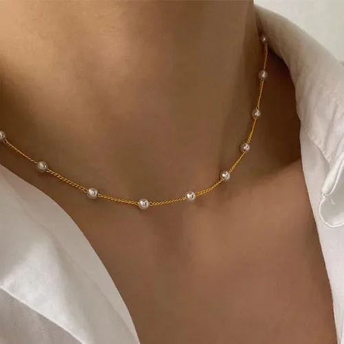 Vista 2 de Collar de perlas de oro para mujer, chapado en oro de 14 quilates, collares de perlas de agua dulce en capas para mujer, collar de perlas de cadena