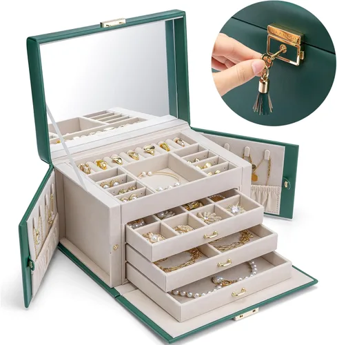 Vlando Joyero organizador con llave con llave, bandeja de 3 cajones para joyas, collares, aretes, anillos, soporte, exhibición de almacenamiento,