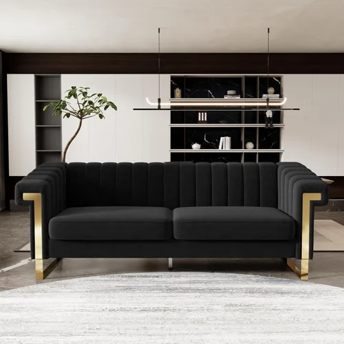 Vista 15 de Sofá de 1 pieza para sala de estar, elegante sofá de terciopelo beige con patas de metal dorado, moderno sofá copetudo de mediados de siglo