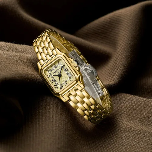 Vista 4 de CHEETAH Relojes de oro para mujer con pulsera vintage pequeña, esfera romana rectangular