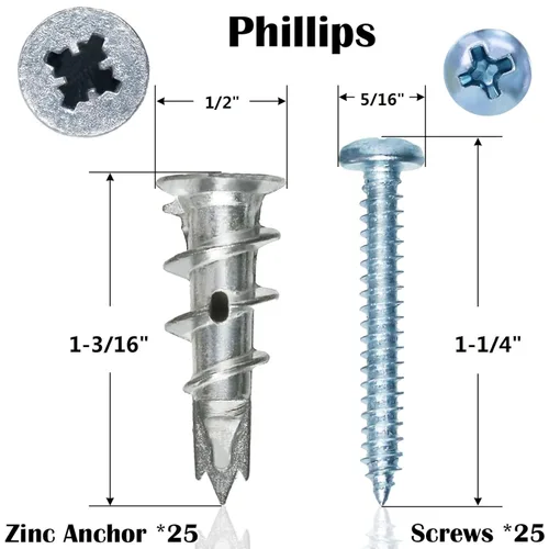 Vista 2 de Kit de anclajes de yeso autoperforantes de zinc Ansoon con tornillos, 25 anclajes de pared de metal resistentes y 25 tornillos #8 x 1-1/4 pulgadas