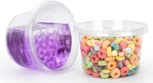 Vista 9 de Golden Apple, Combo de contenedor redondo de plástico PET reciclado ultra transparente de 8 onzas y tapa plana - 20