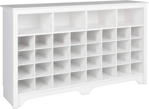 Prepac White Console Table, Shoe Cabinet, Storage Cabinet with 32 Shoe Cubbies and 4 Large Storage Cubbies 15.5" D x 60" W x 35" H