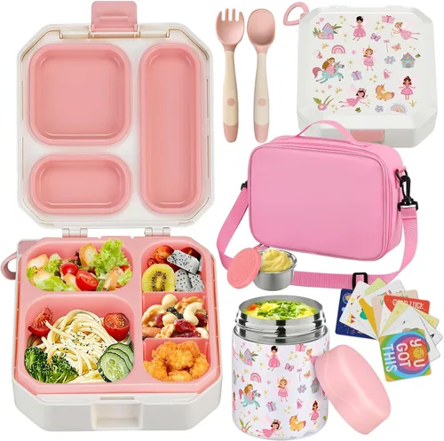 Vista 12 de wiwens - Lonchera Bento para niños con termo de sopa de 12 onzas, contenedor de comida para almuerzo a prueba de fugas con 5 compartimentos, termo