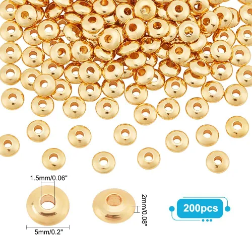 Vista 2 de PH PandaHall 200 piezas cuentas espaciadoras planas de oro de 18K, cuentas heishi redondas de 5mm, cuentas sueltas de disco, espaciadores de metal