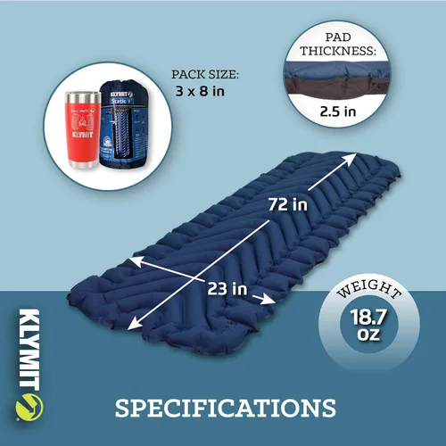 Vista 4 de KLYMIT STATIC V - Colchoneta para dormir, ligera, cómoda para dormir al aire libre, el mejor equipo de campamento para mochileros y senderismo