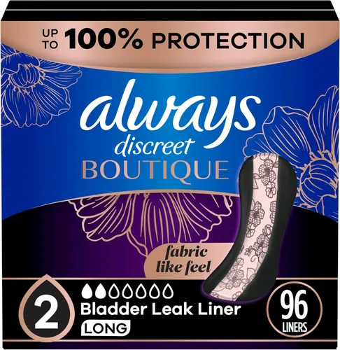 Always Discreet Boutique - Protectores de incontinencia para fugas de vejiga, talla 2, absorción muy ligera, longitud larga, 96 unidades (3 paquetes