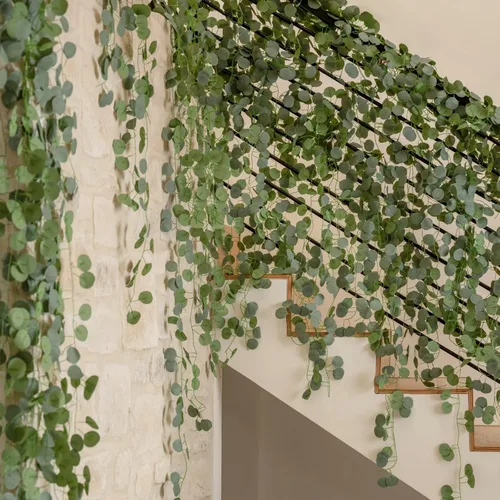 Vista 7 de CQURE Paquete de 14 guirnaldas de eucalipto, guirnalda de vegetación artificial de primavera, hojas de eucalipto sintético, enredaderas de mesa
