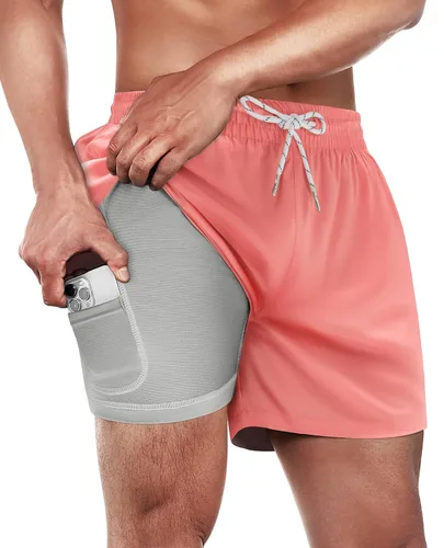 Vista 15 de Gleeease Traje de baño para hombre de 5 pulgadas con forro de compresión, 2 en 1, elástico, de secado rápido, bolsillos divertidos con cordón