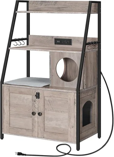 HOOBRO Caja de arena con 2 estantes de almacenamiento, mueble alto para caja de arena oculto con estación de carga, mueble para caja de arena oculta