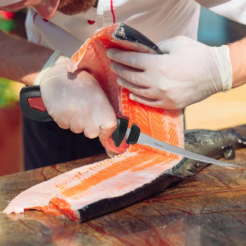 Vista 8 de Cuchillo de filete profesional, con 5 cuchillas antiadherentes recubiertas de nitruro de Ti-Nitruro SS y mango de agarre antideslizante y práctica