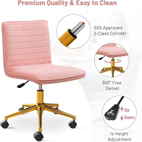 Vista 28 de Furniliving Silla de escritorio de oficina en casa, silla de tocador sin brazos con ruedas de terciopelo suave altura ajustable, cómodas sillas