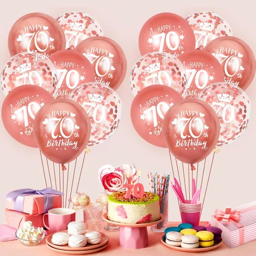 Vista 2 de Globos de látex para cumpleaños número 70, 15 globos de oro rosa con el texto en inglés "Happy 70th Birthday", globos de decoración de fiesta