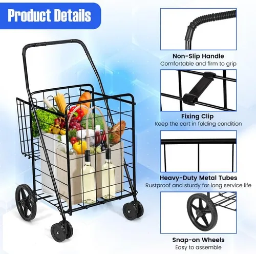 Vista 6 de Safeplus Carrito de compras plegable, carrito utilitario resistente con ruedas giratorias y cesta doble, carrito de comestibles para comestibles