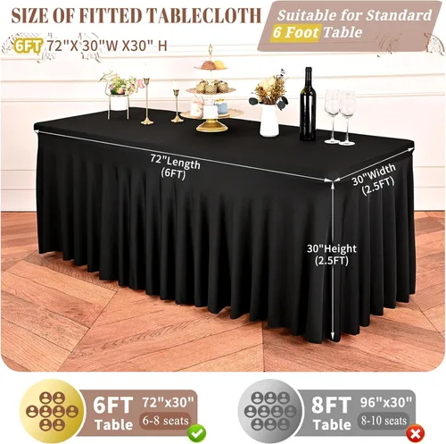 Vista 2 de Paquete de 2 faldas de mesa elásticas negras para mesa rectangular de 6 pies, manteles elásticos de elastano lavables con falda, mantel ajustable