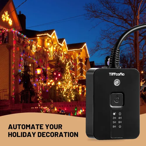 Vista 5 de TiFFCOFiO Temporizador para exteriores impermeable, control remoto con sensor de atardecer a amanecer, 2 tomas eléctricas con conexión a tierra