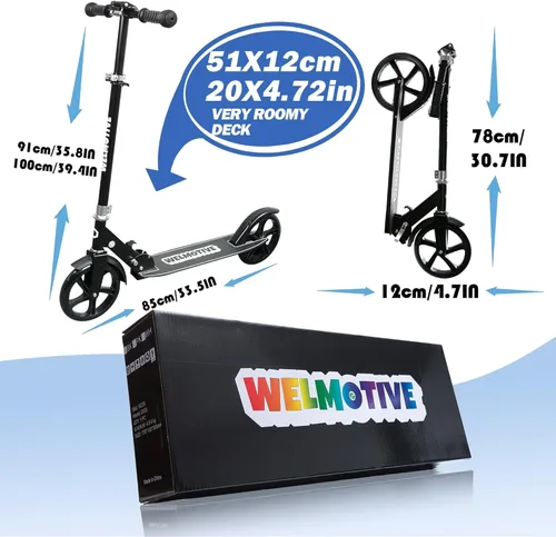 Vista 6 de Kick Scooter for Kids Ages 6+, Teens & Adults, Adjustable Handlebars, Rear Brake, Big Wheel Foldable Scooter for Indoor & Outdoor