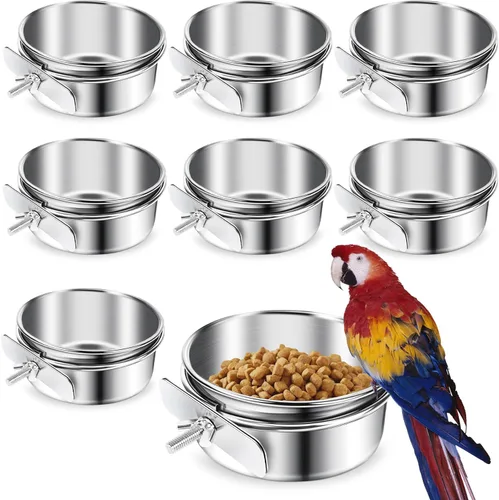 Vista 7 de Paquete de 3 vasos de alimentación de pájaros con soporte de abrazadera, de acero inoxidable, para cacatúas, periquitos, guacamayos, pinzones